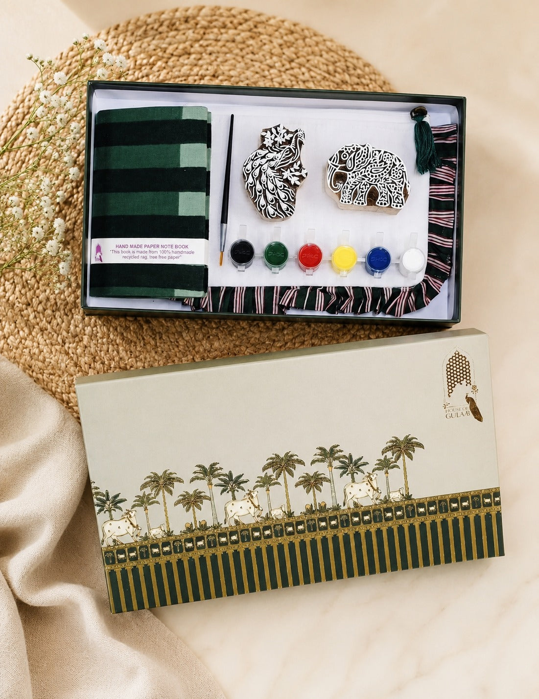 DIY Block Printing Kit – Handmade Diary, White Pouch, 2 Wooden Blocks & Paint Set