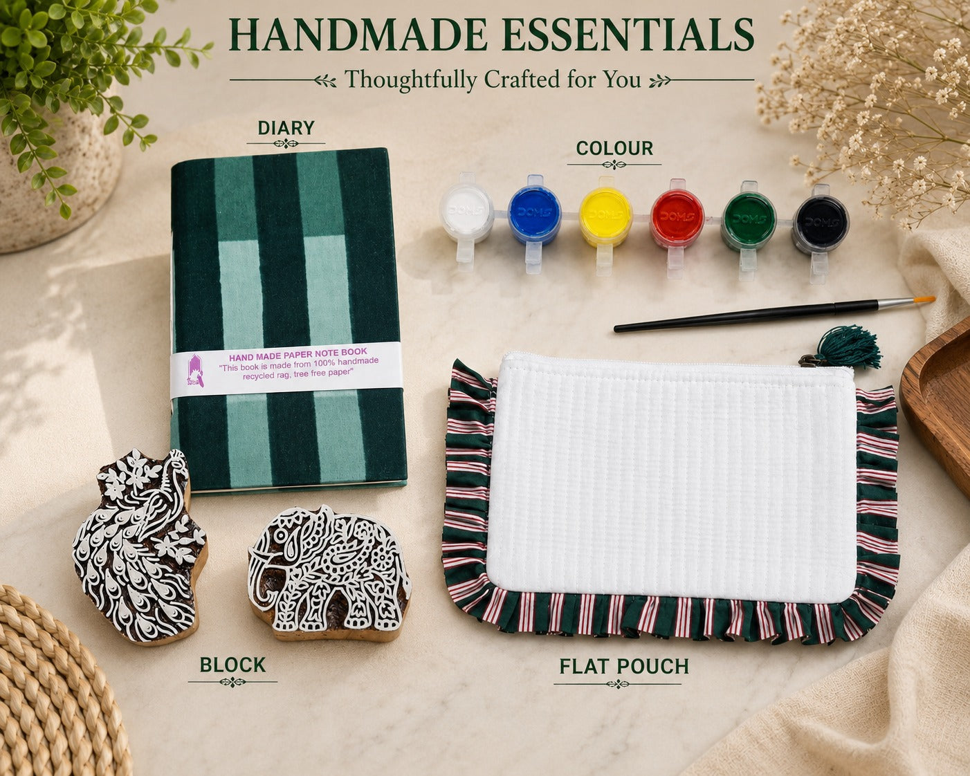 DIY Block Printing Kit – Handmade Diary, White Pouch, 2 Wooden Blocks & Paint Set