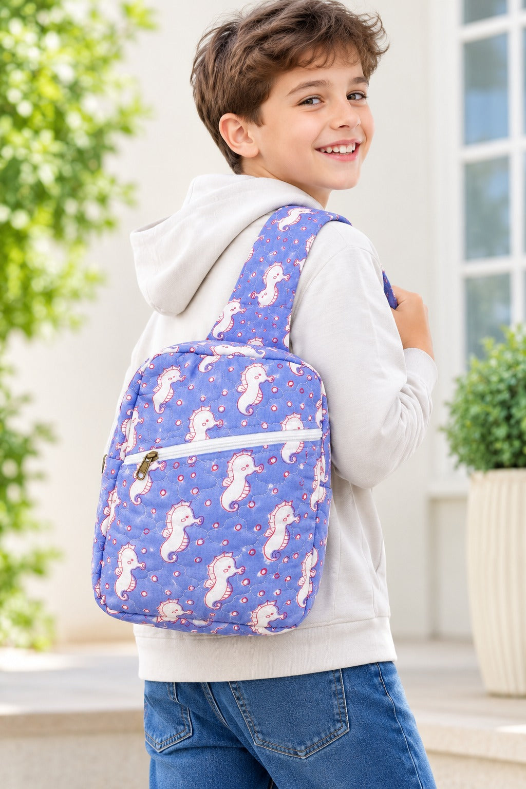 Handblock Printed Cotton Kids’ One Strap Backpack with Adjustable Straps