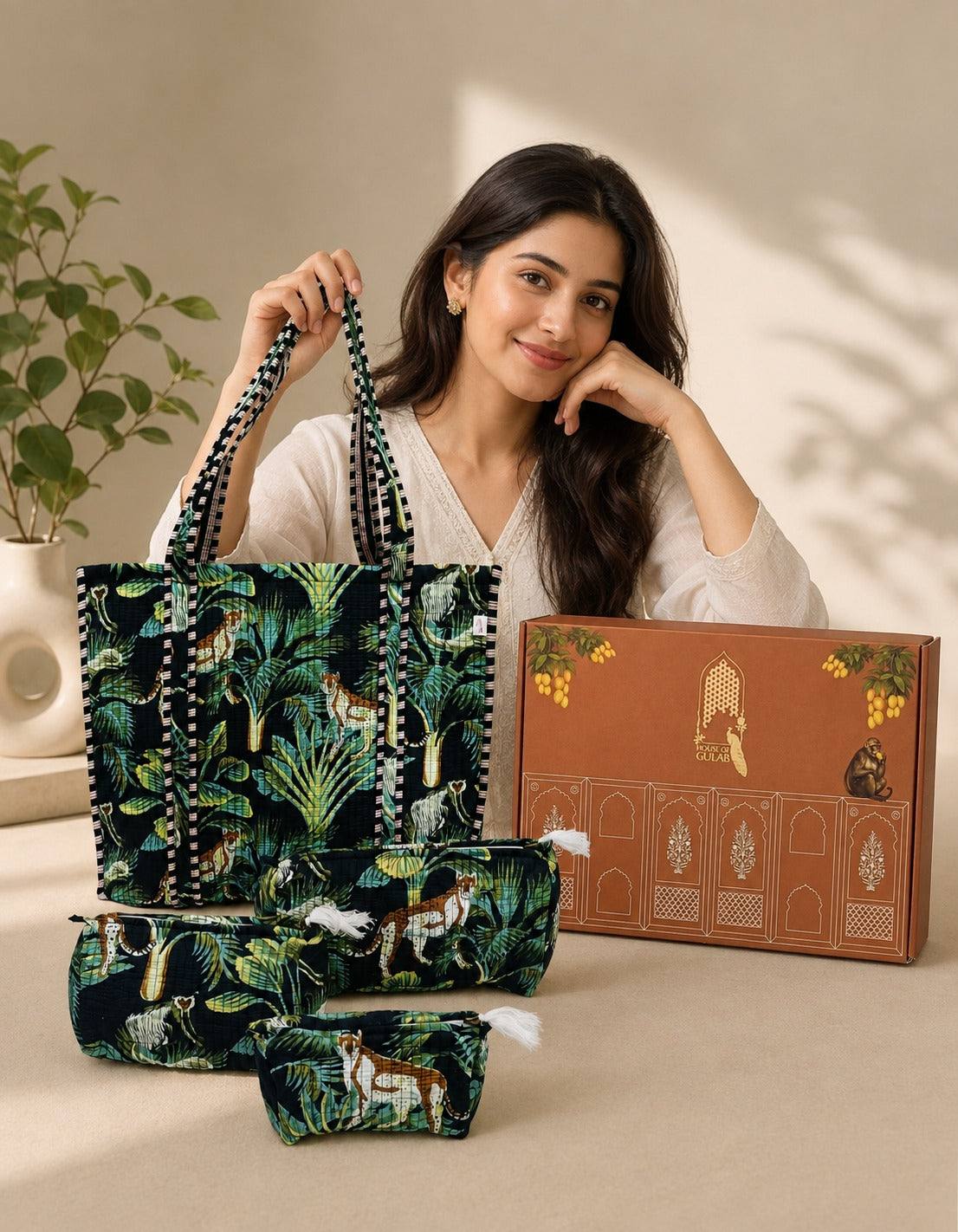 Stylish Tote Bag with 3 Coordinated Utility Pouches with Gift Box