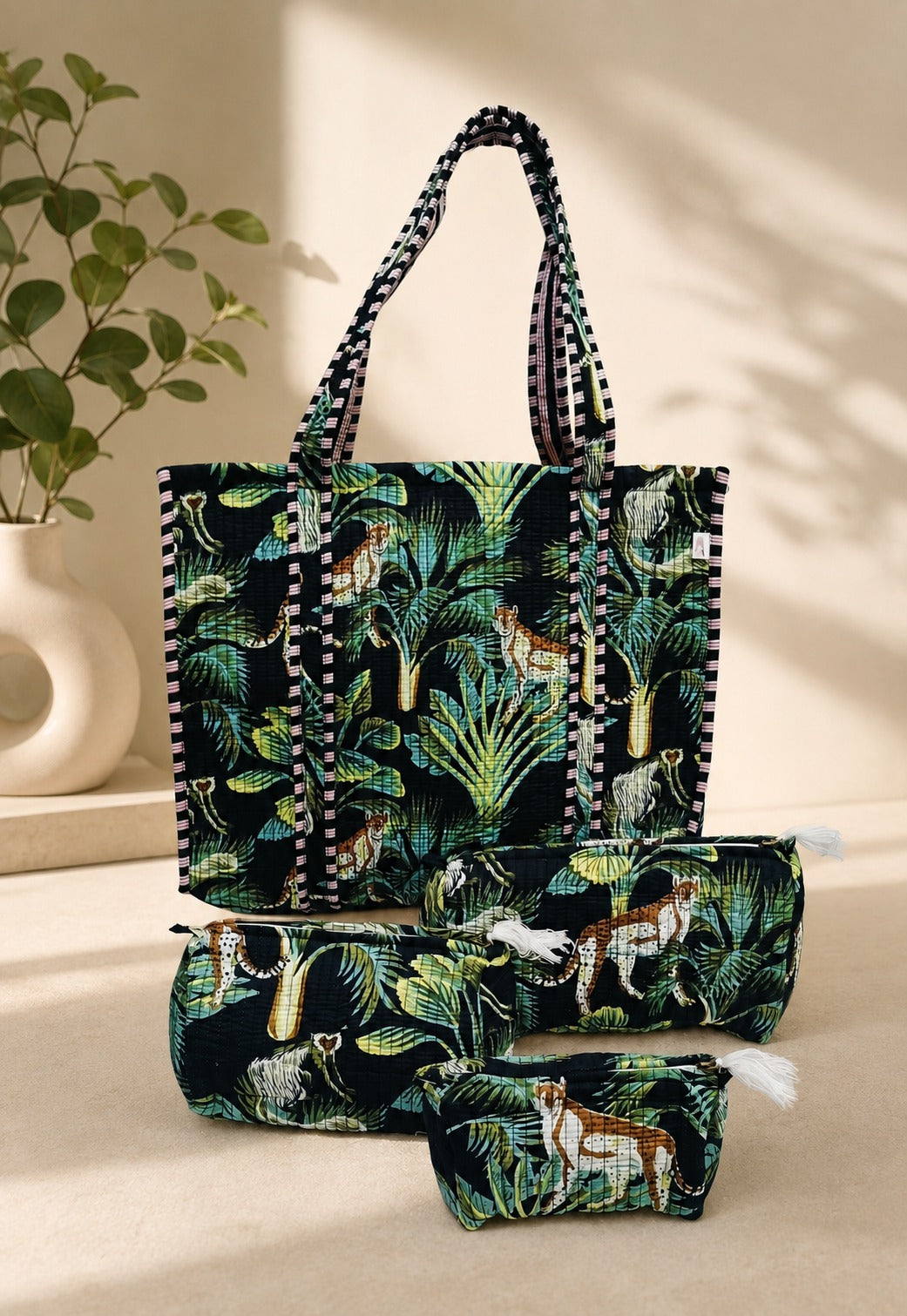 Stylish Tote Bag with 3 Coordinated Utility Pouches with Gift Box