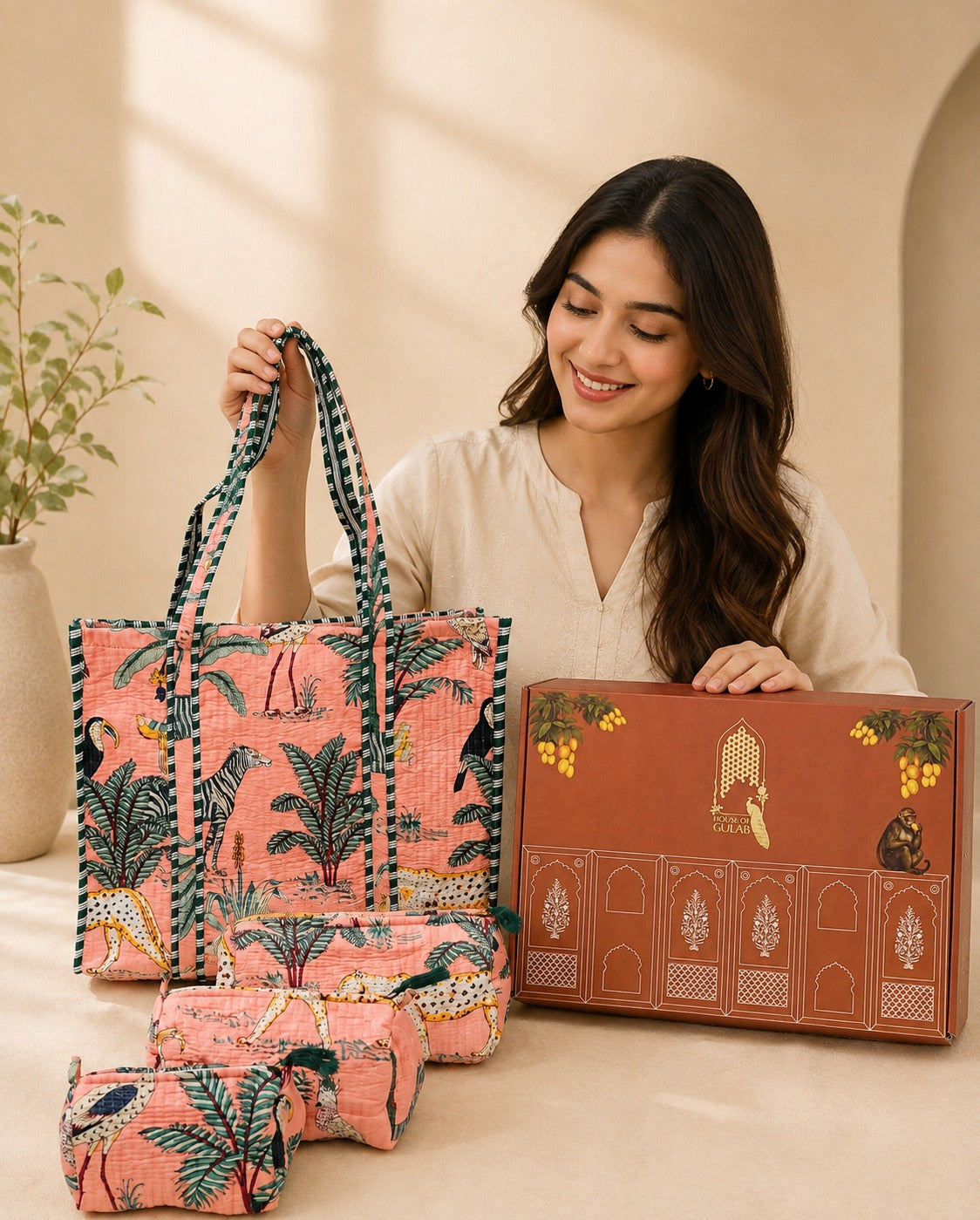 Stylish Tote Bag with 3 Coordinated Utility Pouches with Gift Box