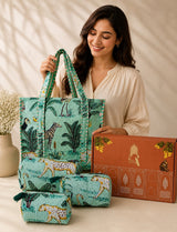 Stylish Tote Bag with 3 Coordinated Utility Pouches with Gift Box