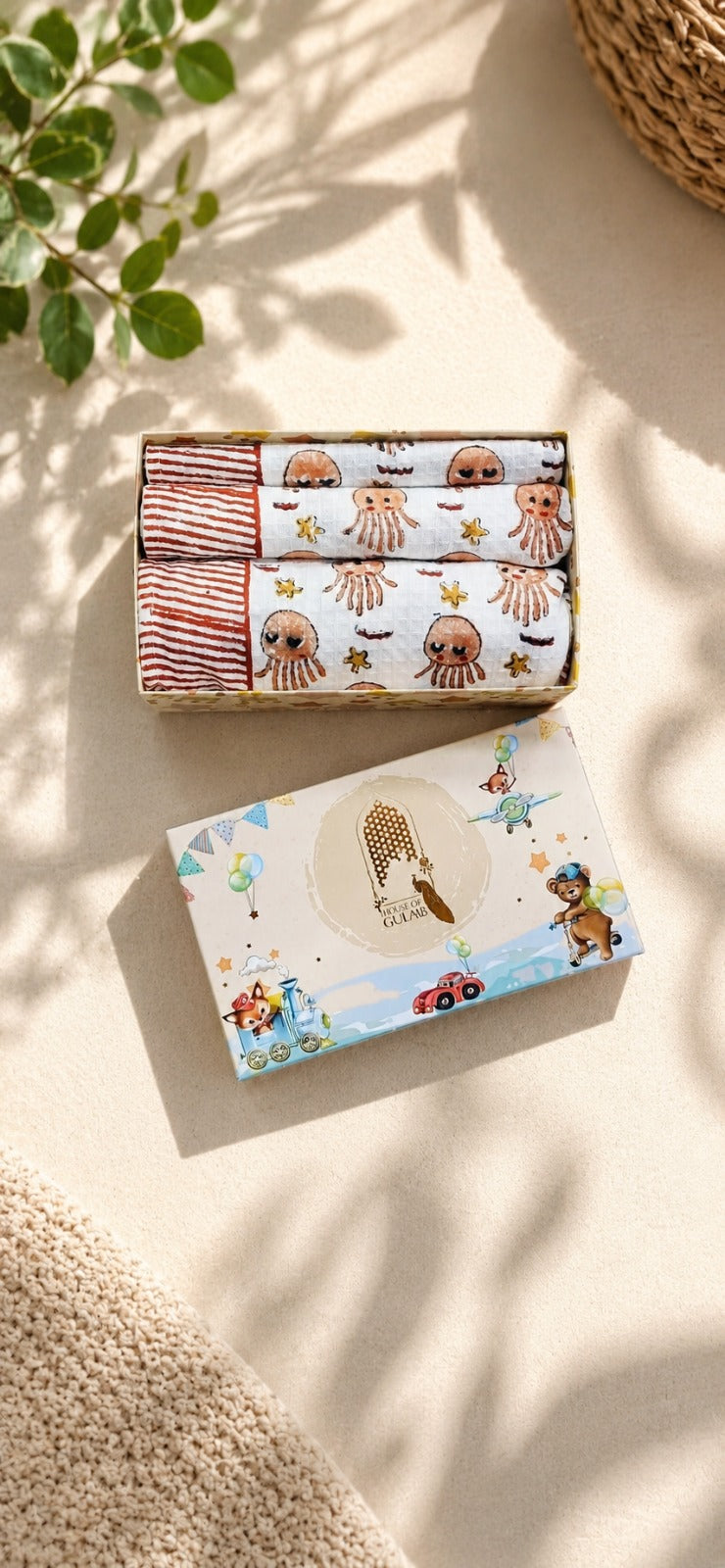 Kids Gift Set - Handblock Printed Towels - 1 Bath + 2 Hand Towels