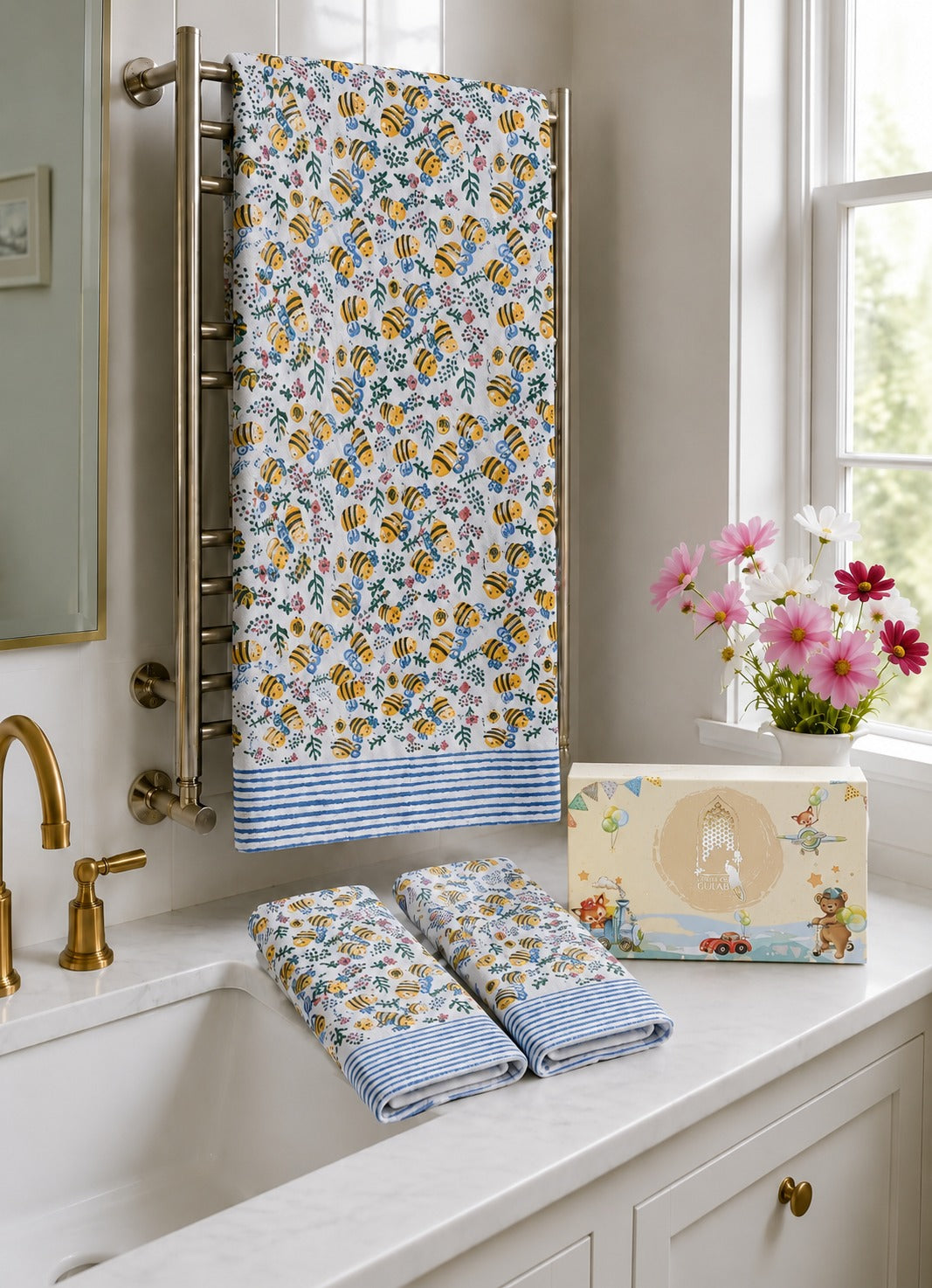 Kids Gift Set - Handblock Printed Towels - 1 Bath + 2 Hand Towels