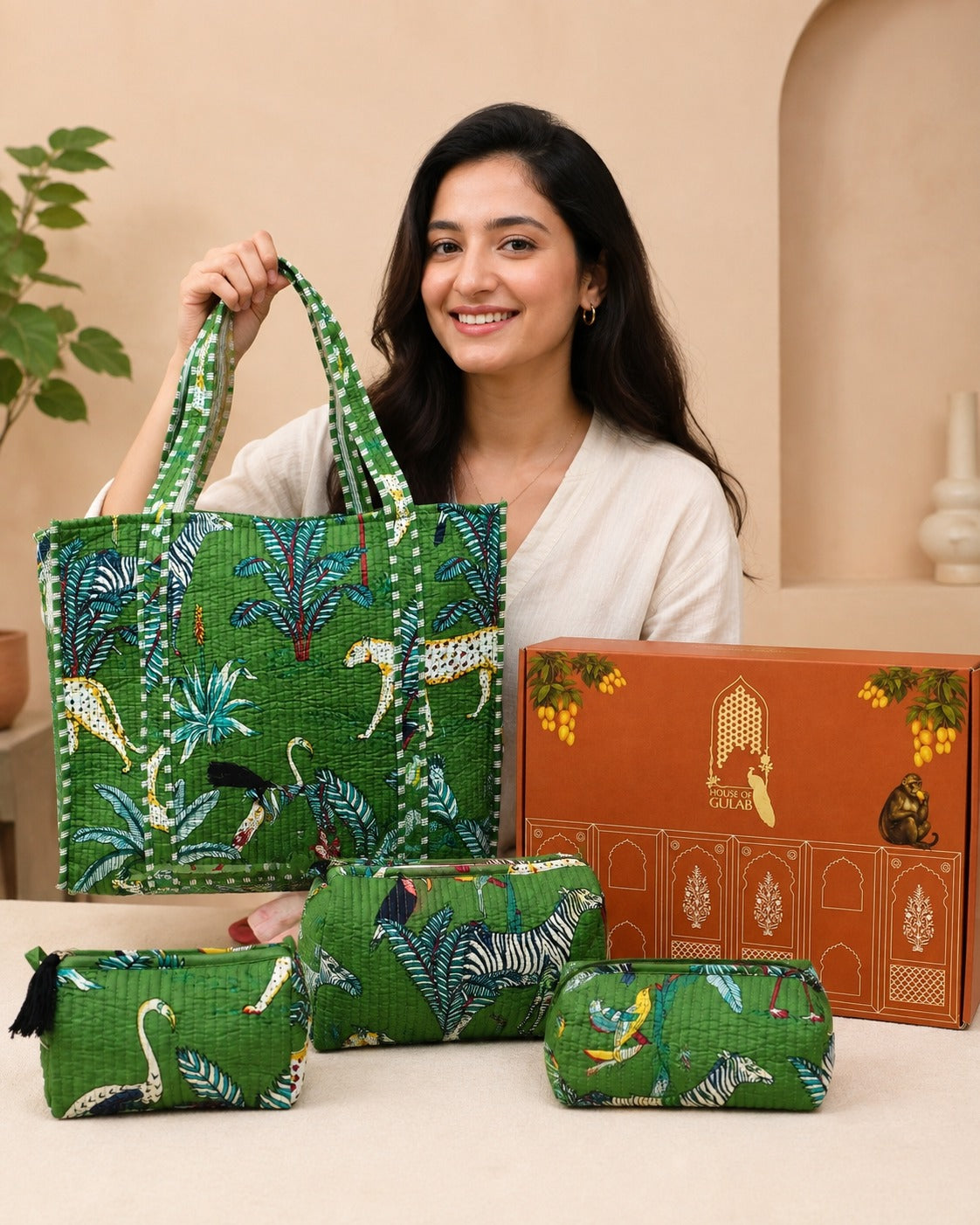Stylish Tote Bag with 3 Coordinated Utility Pouches with Gift Box