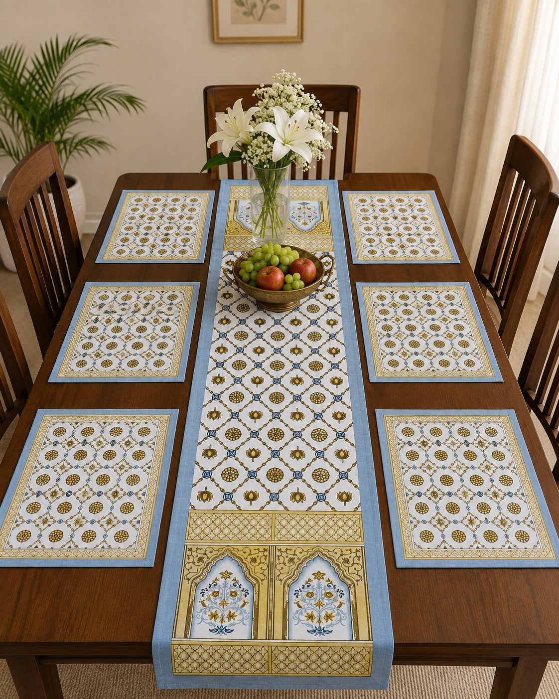 Gift Box with Handblock Printed Canvas Cotton Table Runner & Set Of 6 Mats,