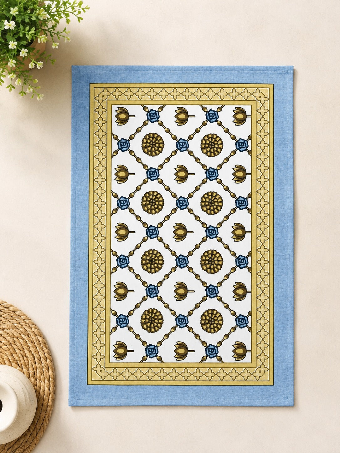 Gift Box with Handblock Printed Canvas Cotton Table Runner & Set Of 6 Mats,