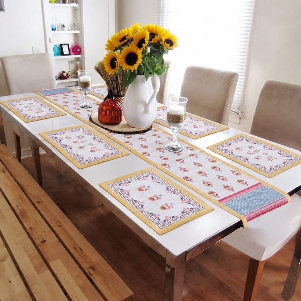 Gift Box with Handblock Printed Canvas Cotton Table Runner & Set Of 6 Mats,