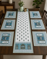 Gift Box with Handblock Printed Canvas Cotton Table Runner & Set Of 6 Mats