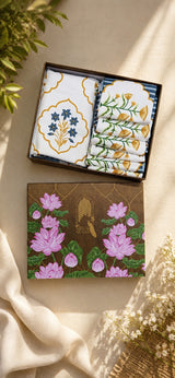 Gift Box with Handblock Printed Canvas Cotton Table Runner & Set Of 6 Mats