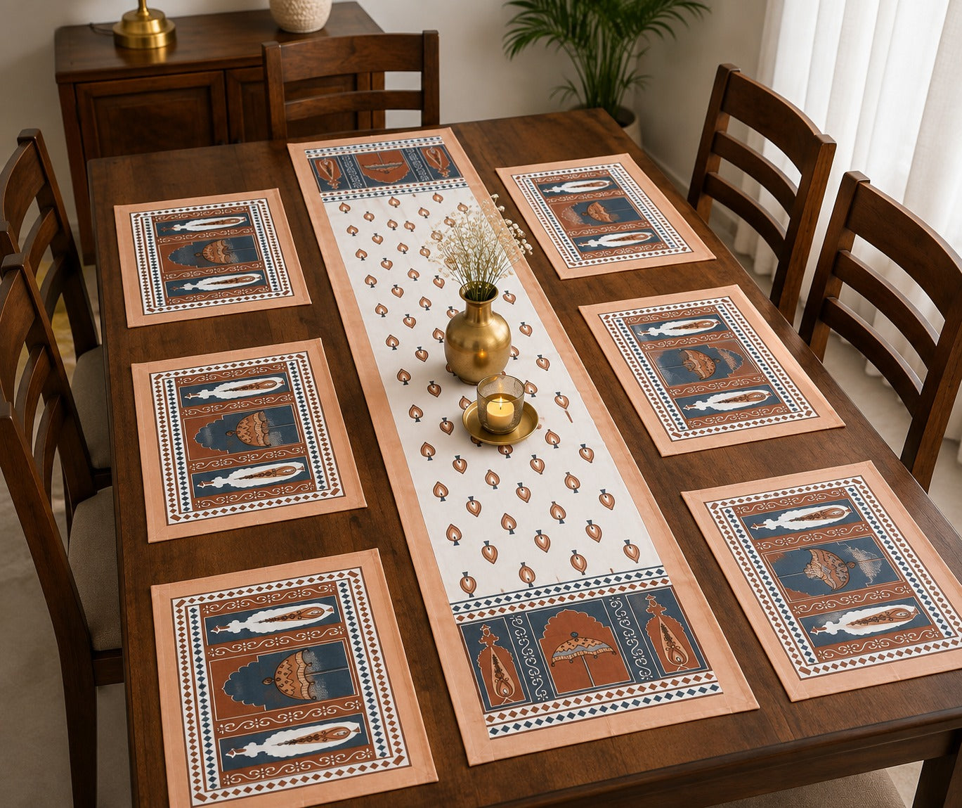 Gift Box with Handblock Printed Canvas Cotton Table Runner & Set Of 6 Mats