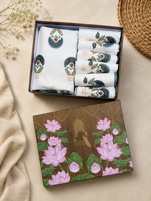 Gift Box with Handblock Printed Canvas Cotton Table Runner & Set Of 6 Mats