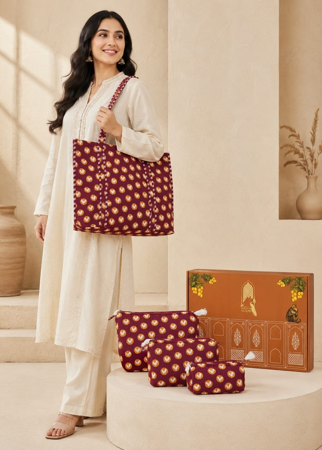 Stylish Tote Bag with 3 Coordinated Utility Pouches with Gift Box