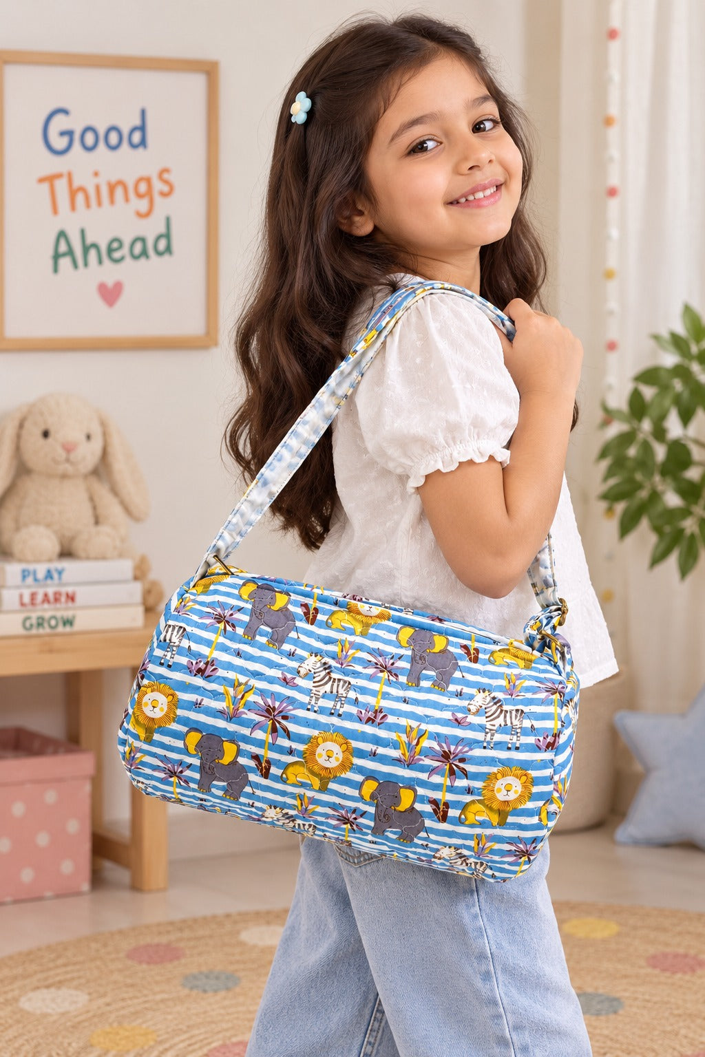 Handblock Printed Cotton Kids’ Duffle Bag with Adjustable Strap