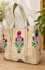 Handblock Printed Quilted Tote Bag without zip/button 17x18x 6 inches