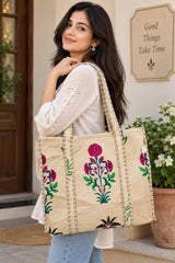 Handblock Printed Quilted Tote Bag without zip/button 17x18x 6 inches