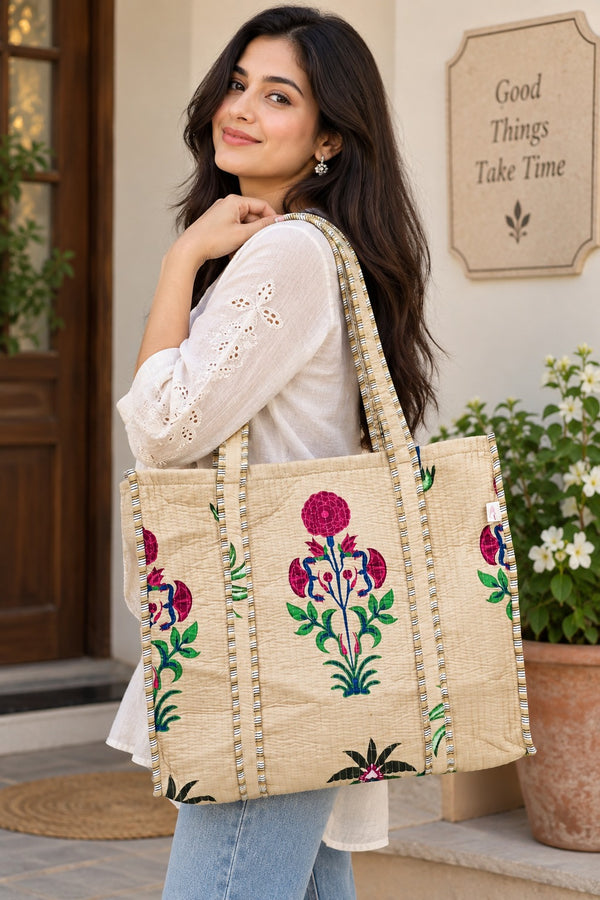 Handblock Printed Quilted Tote Bag without zip/button 17x18x 6 inches