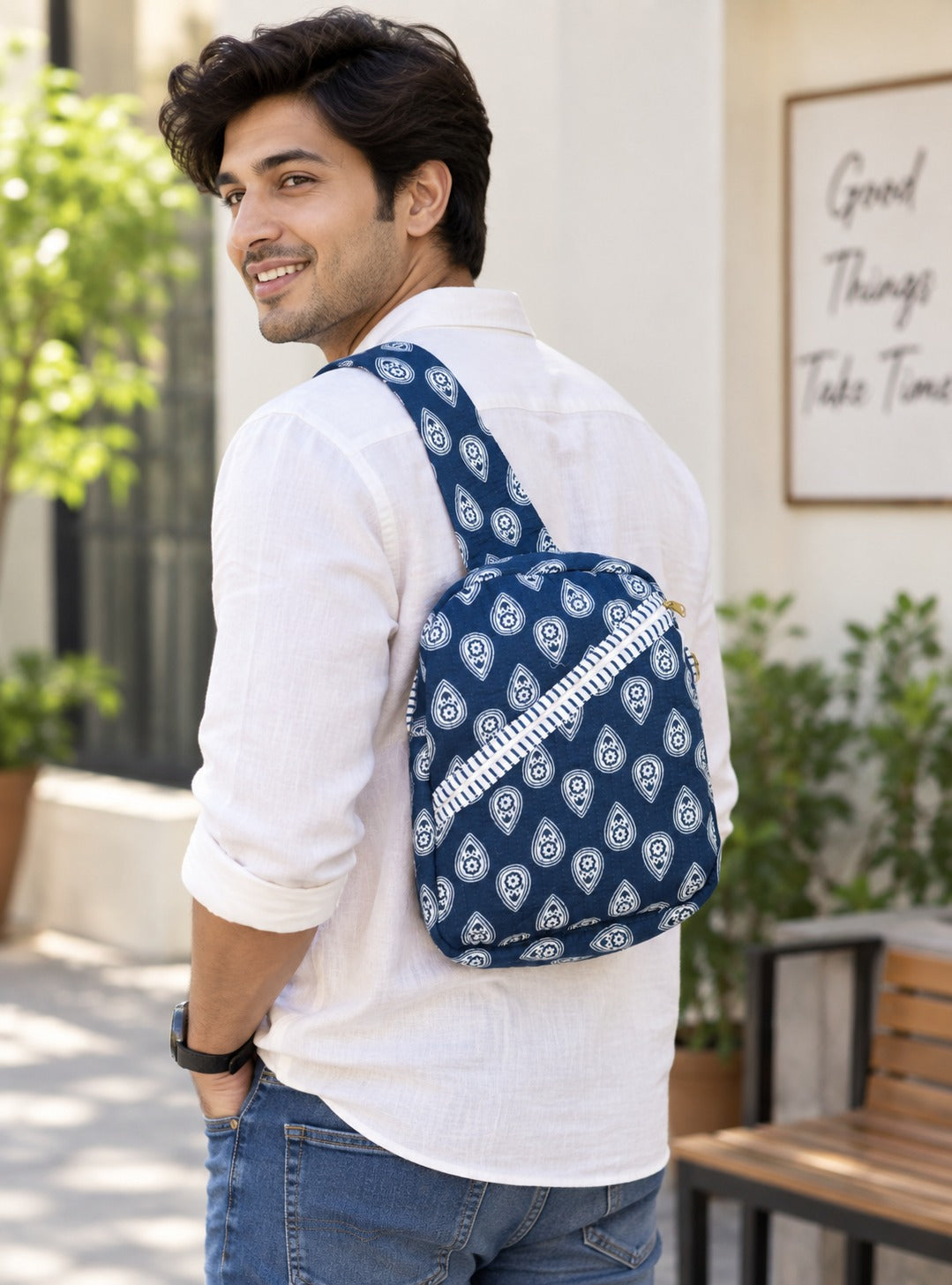 Handcrafted Quilted Cotton One Strap Backpack - 12x9.5x4.5 Inches