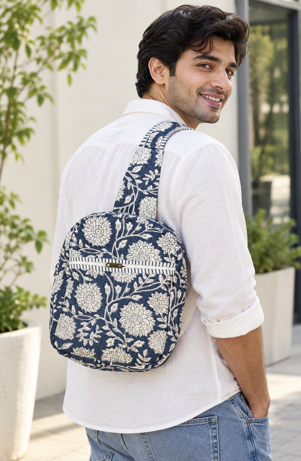 Handcrafted Quilted Cotton One Strap Backpack - 12x9.5x4.5 Inches