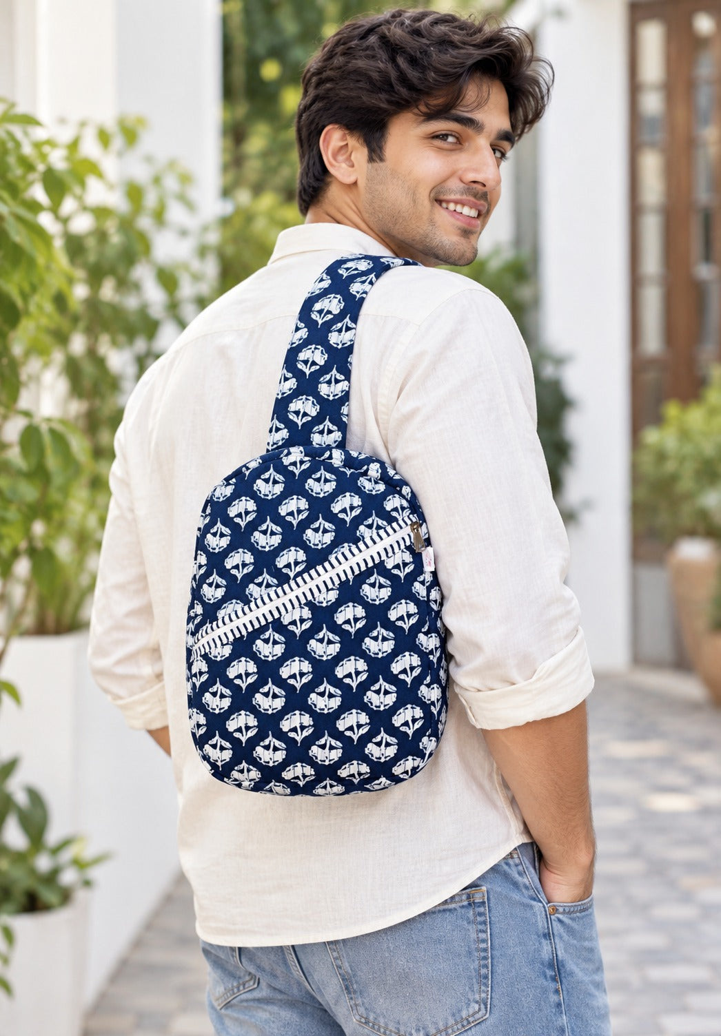 Handcrafted Quilted Cotton One Strap Backpack - 12x9.5x4.5 Inches