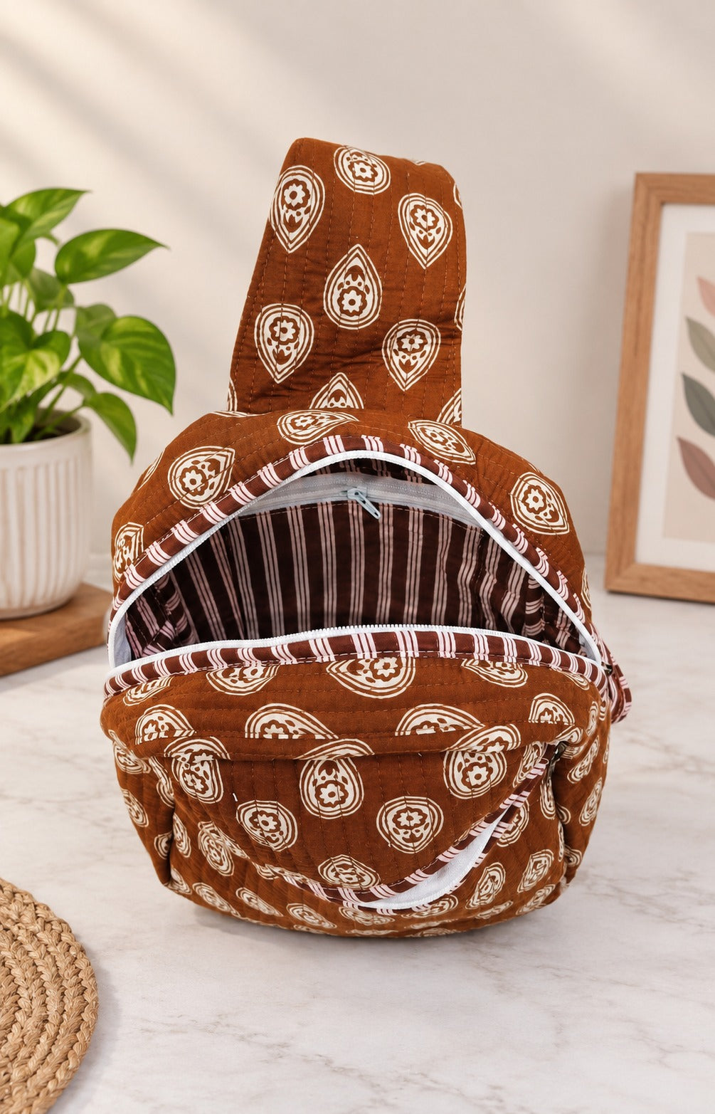 Handcrafted Quilted Cotton One Strap Backpack - 12x9.5x4.5 Inches
