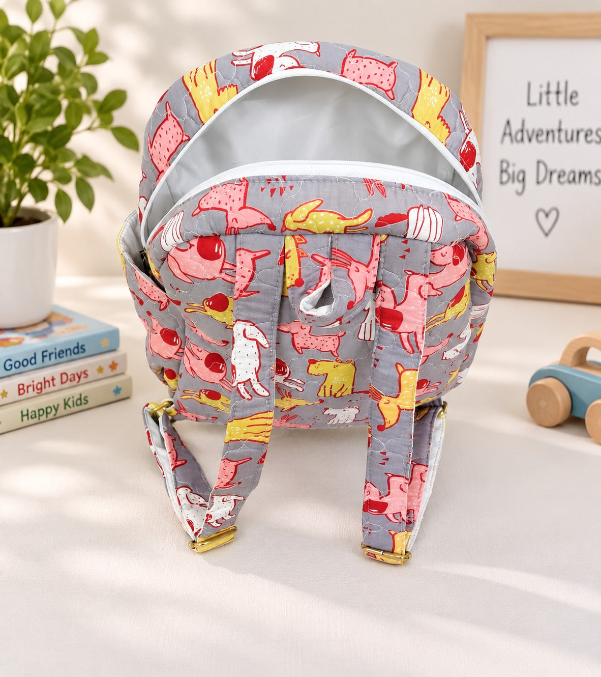 Handblock Printed Cotton Kids’ School Backpack with Front Zip Pocket