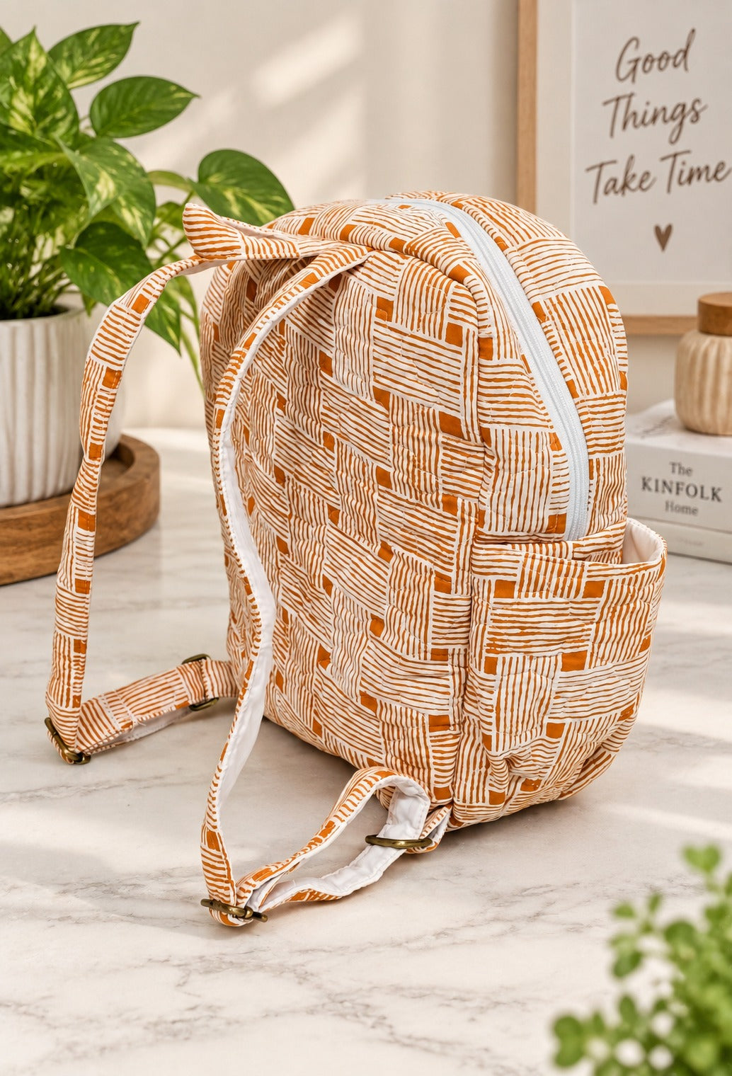 Handblock Printed Cotton Kids’ School Backpack with Front Zip Pocket