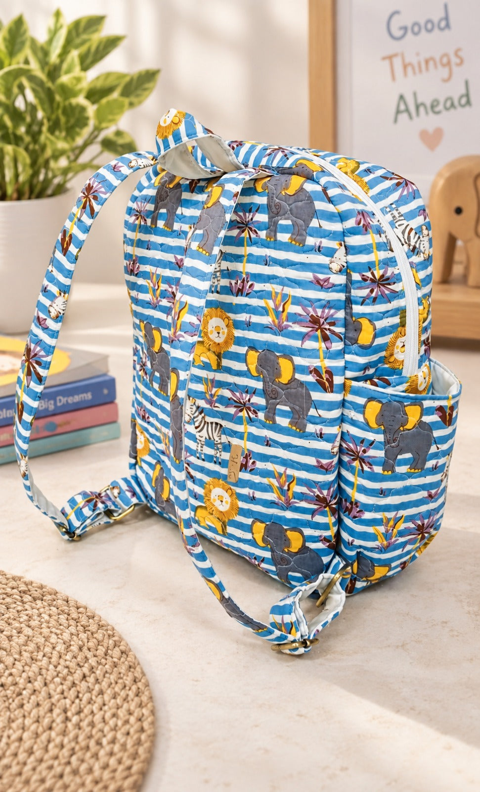 Handblock Printed Cotton Kids’ School Backpack with Front Zip Pocket