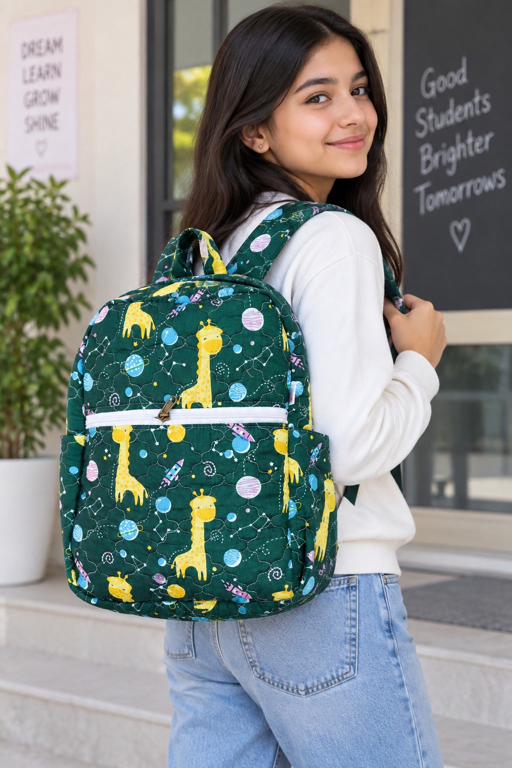 Handblock Printed Cotton Kids’ School Backpack with Front Zip Pocket