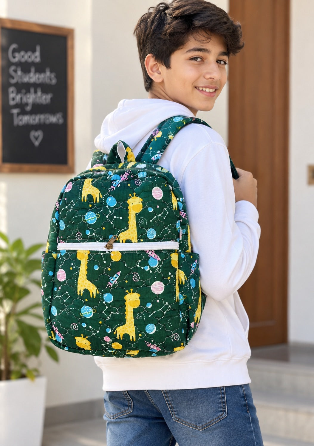 Handblock Printed Cotton Kids’ School Backpack with Front Zip Pocket