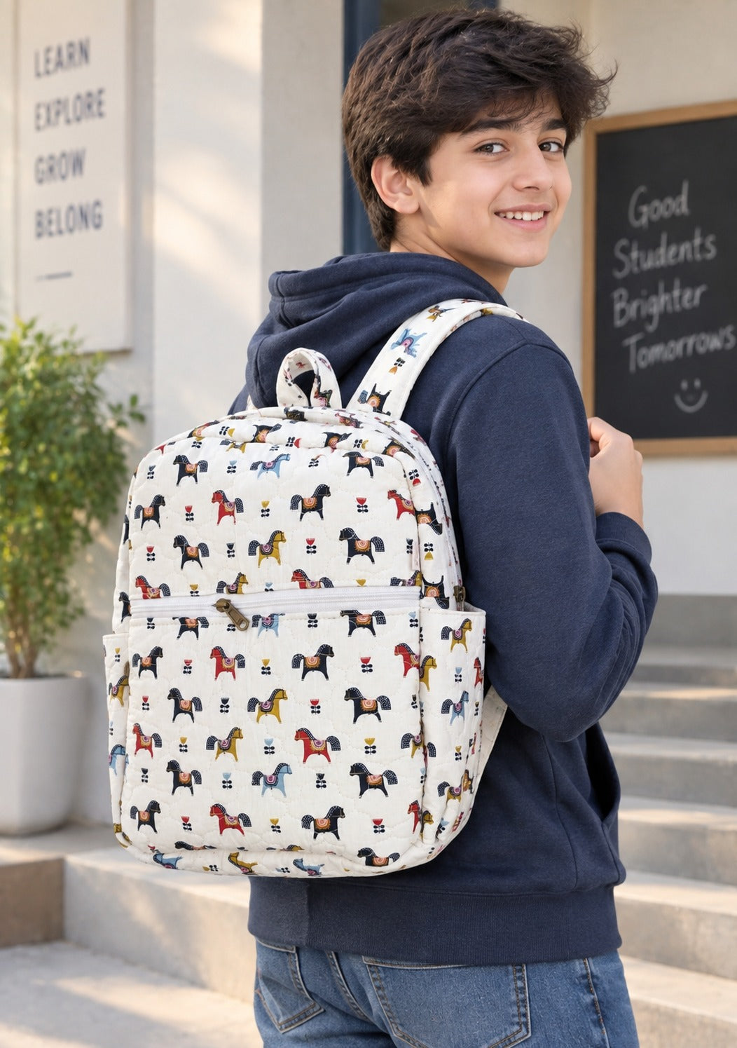 Handblock Printed Cotton Kids’ School Backpack with Front Zip Pocket