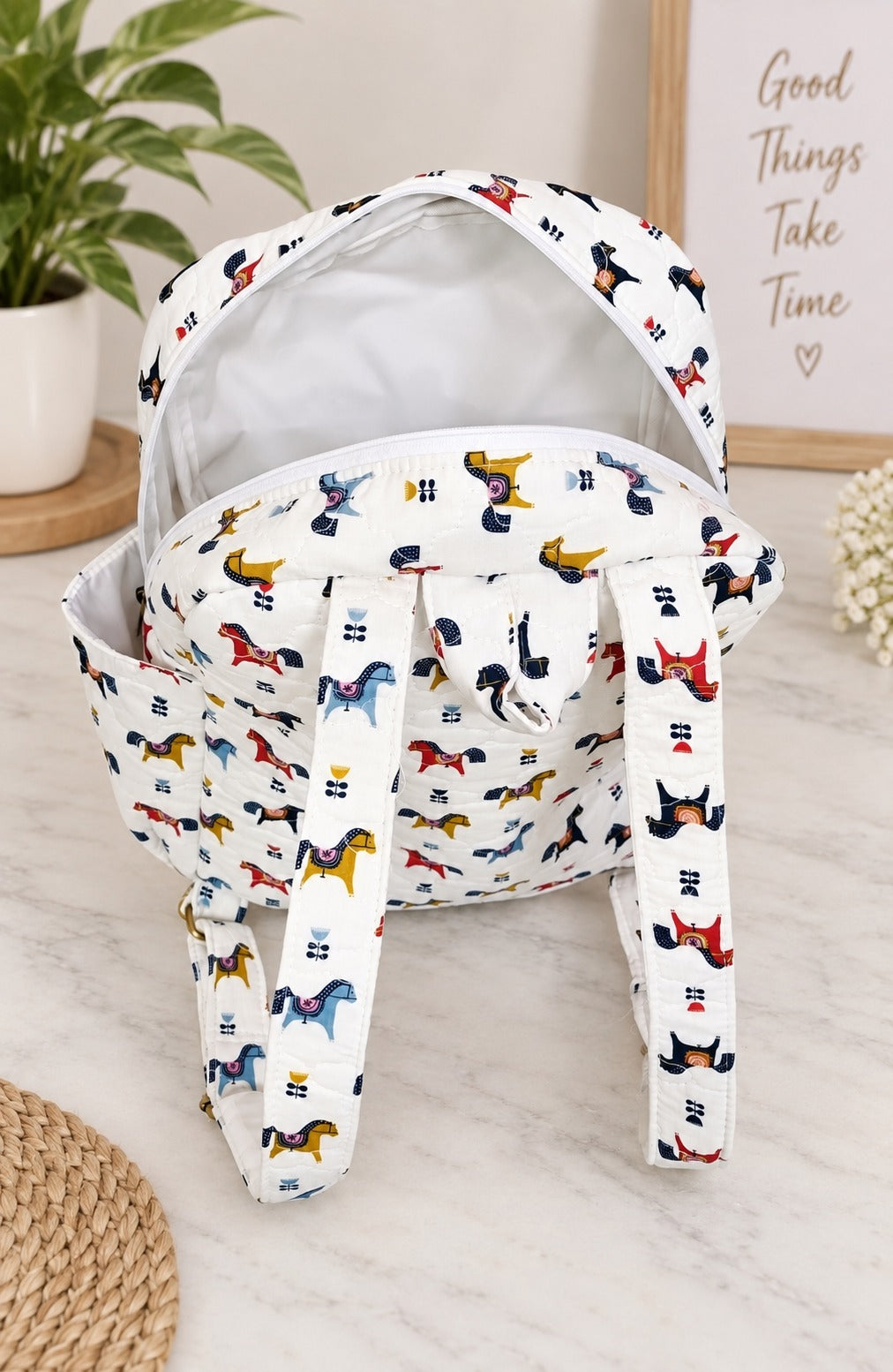 Handblock Printed Cotton Kids’ School Backpack with Front Zip Pocket