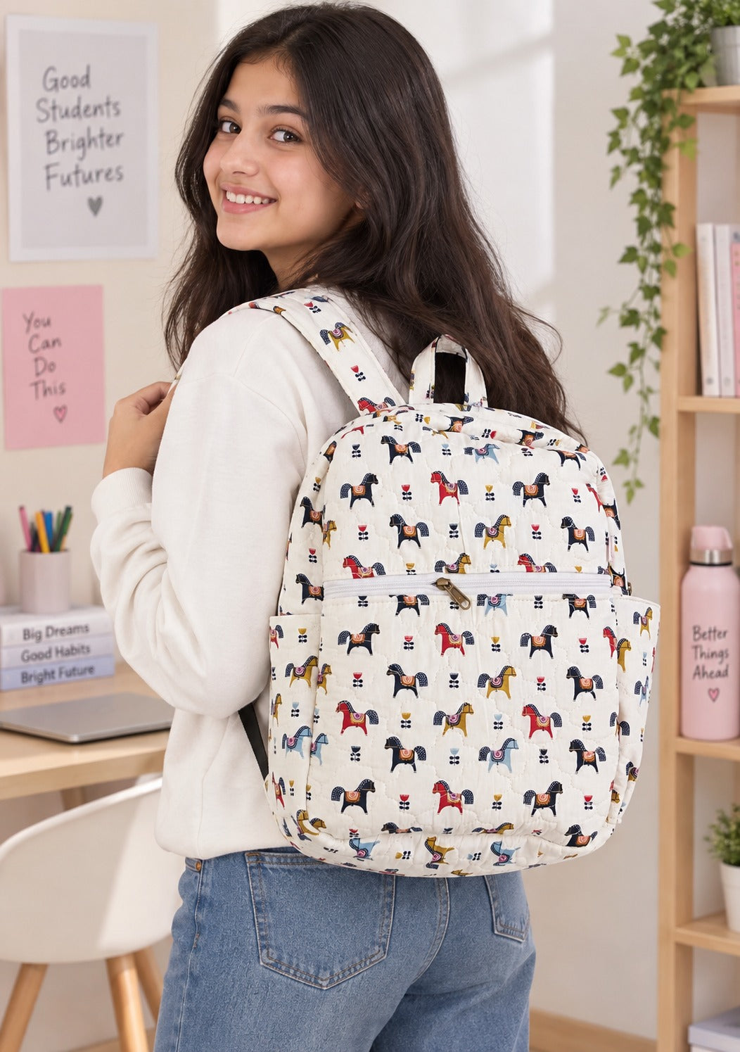 Handblock Printed Cotton Kids’ School Backpack with Front Zip Pocket
