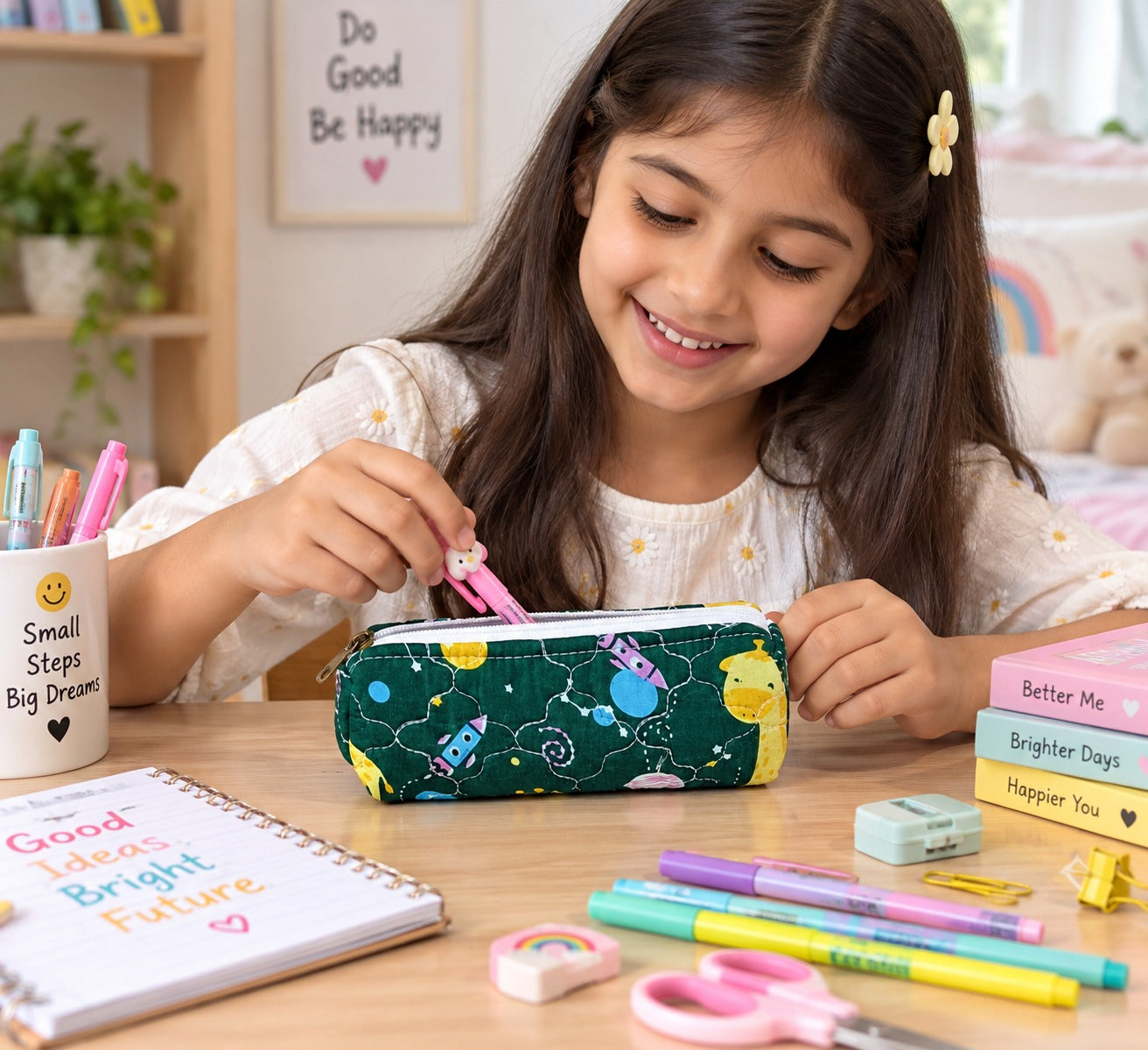 Handblock Printed Cotton Pencil Box Pouch with Zip Closure