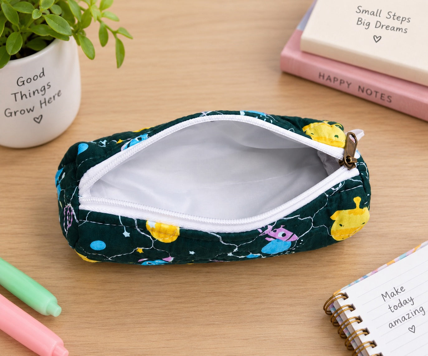 Handblock Printed Cotton Pencil Box Pouch with Zip Closure