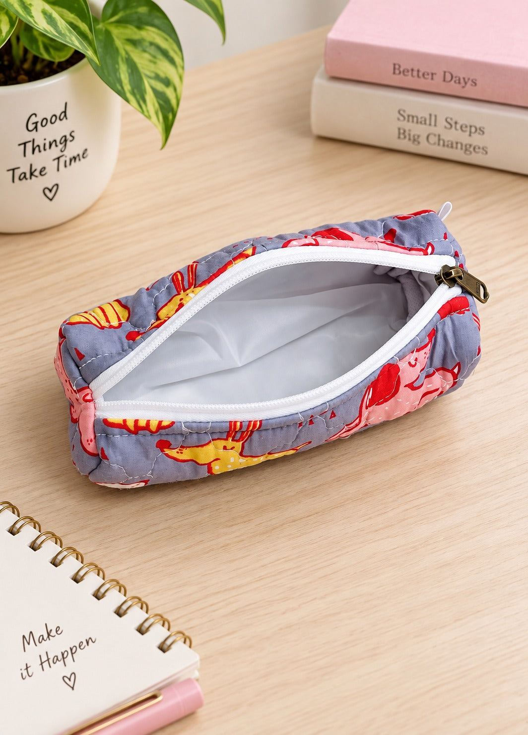 Handblock Printed Cotton Pencil Box Pouch with Zip Closure