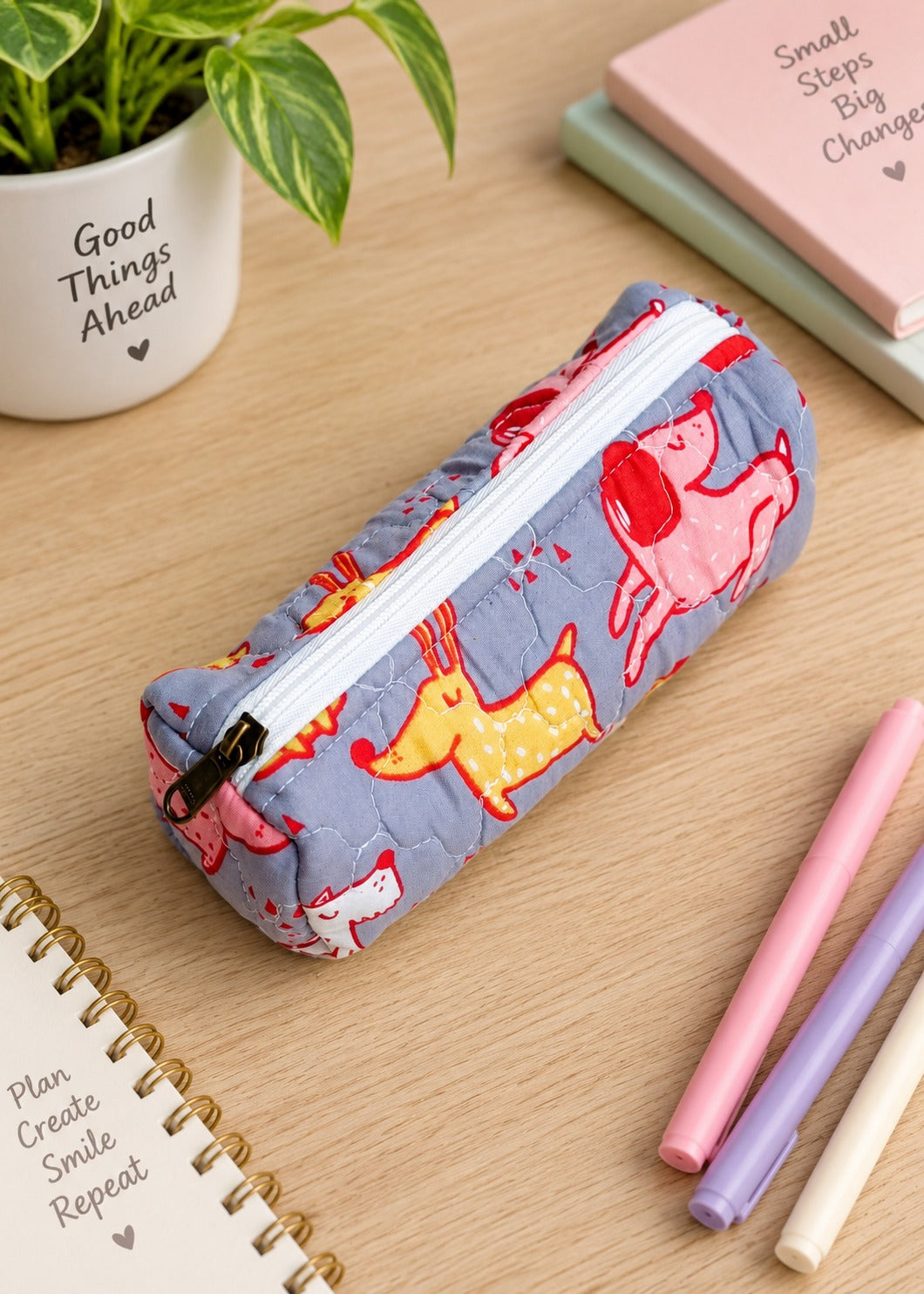 Handblock Printed Cotton Pencil Box Pouch with Zip Closure