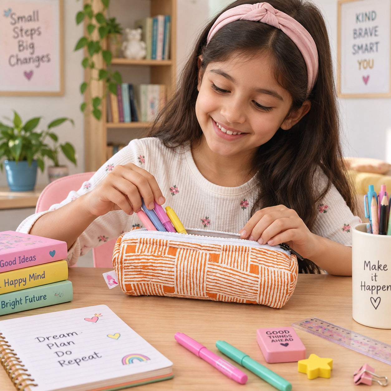 Handblock Printed Cotton Pencil Box Pouch with Zip Closure