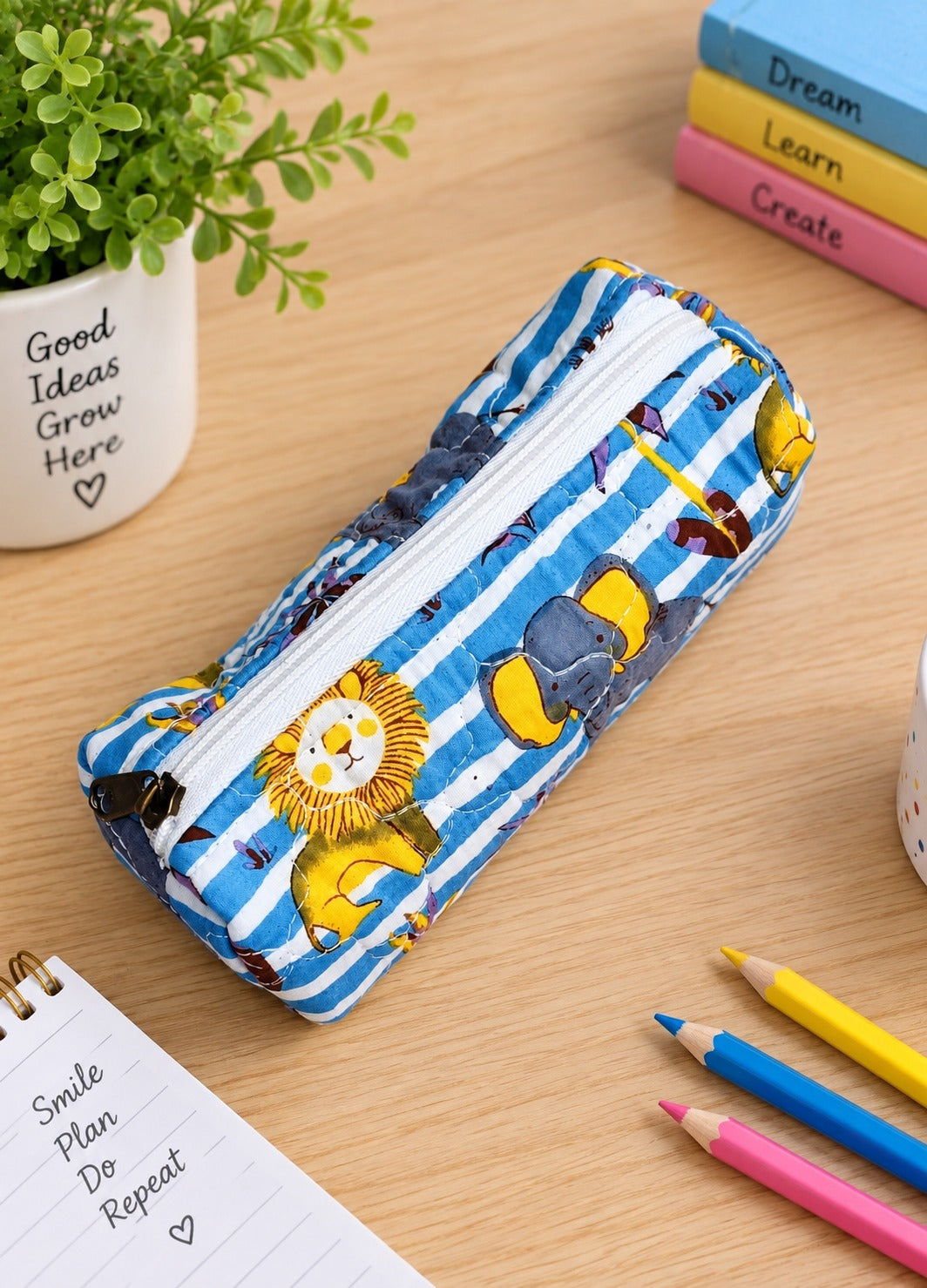 Handblock Printed Cotton Pencil Box Pouch with Zip Closure