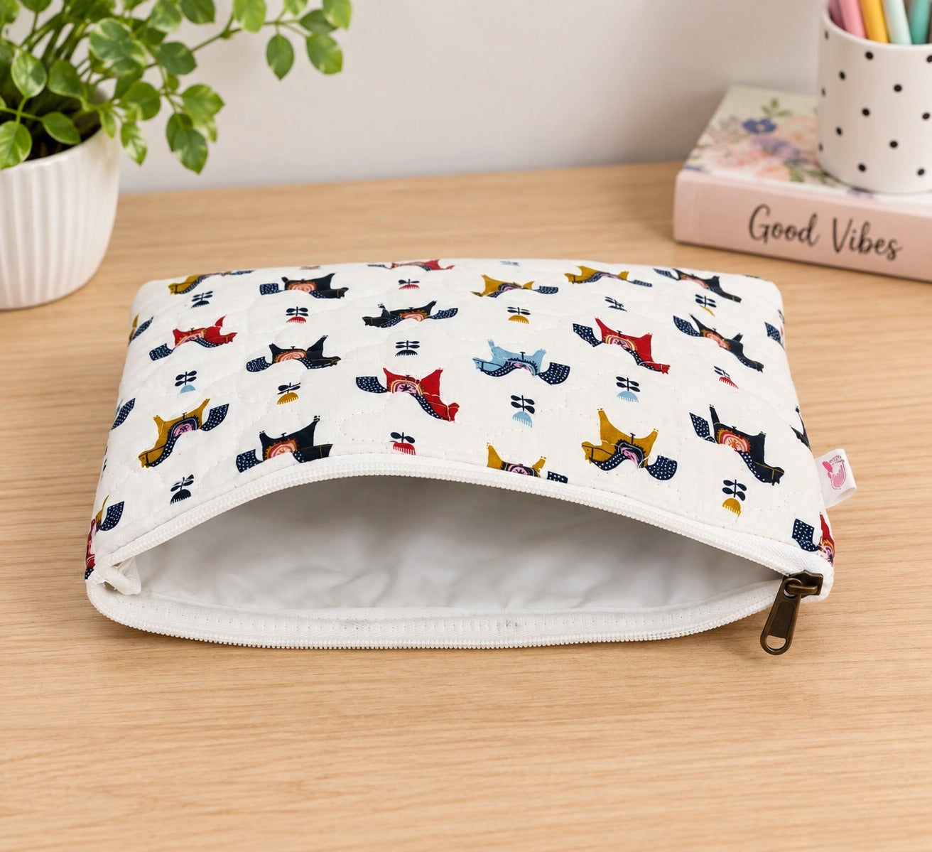 Handblock Printed Cotton Kids’ Flat Pouch with Zip Closure