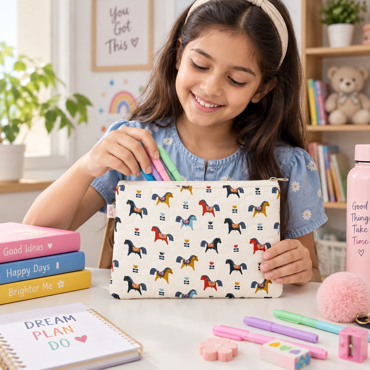 Handblock Printed Cotton Kids’ Flat Pouch with Zip Closure