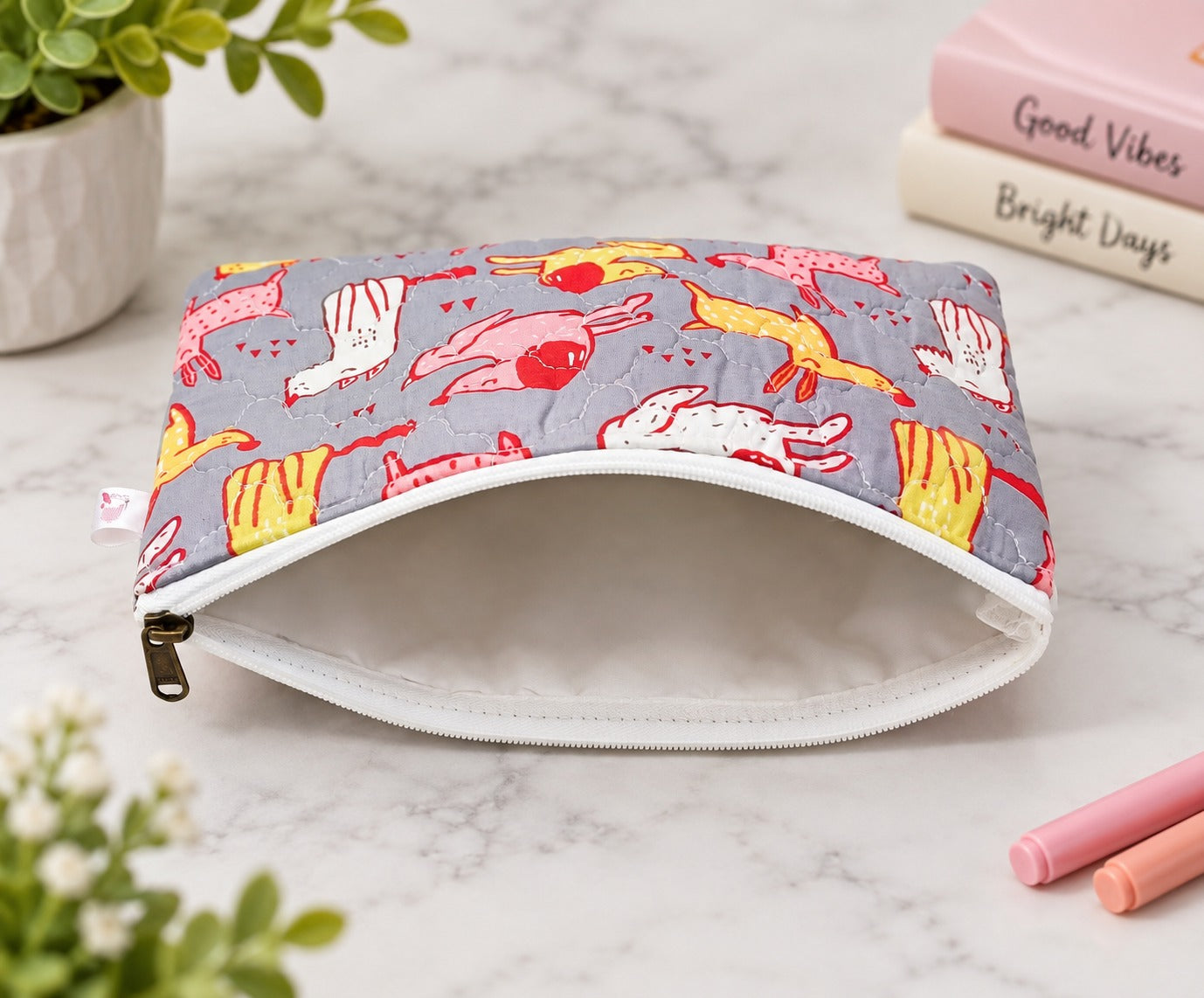 Handblock Printed Cotton Kids’ Flat Pouch with Zip Closure