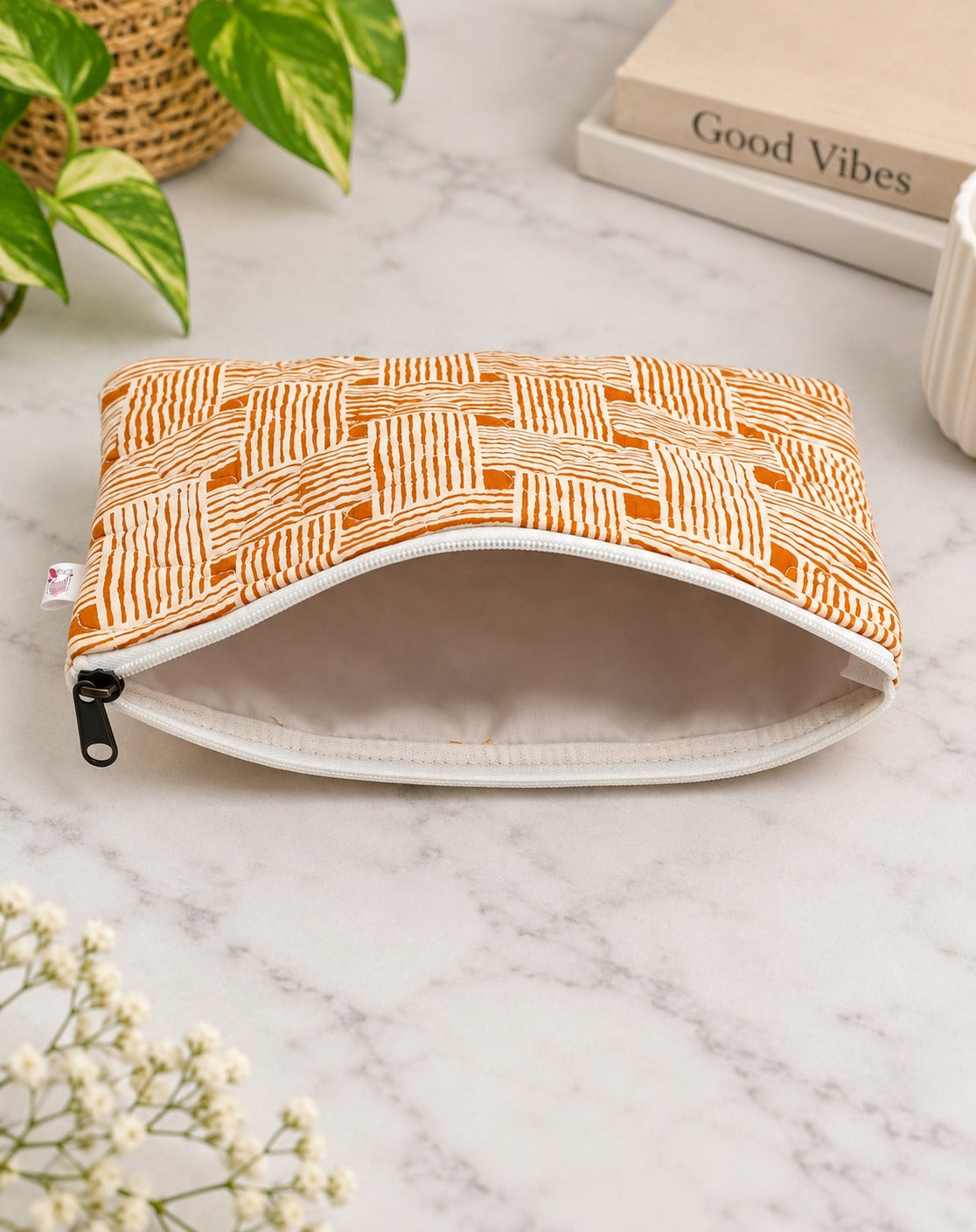 Handblock Printed Cotton Kids’ Flat Pouch with Zip Closure
