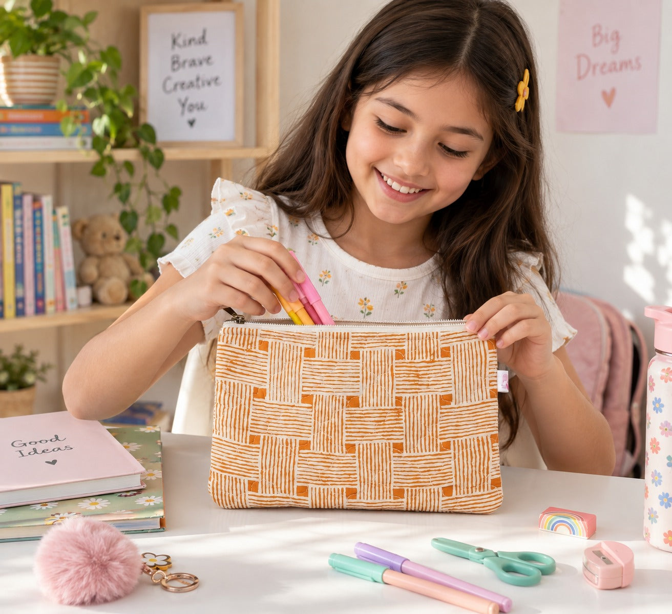 Handblock Printed Cotton Kids’ Flat Pouch with Zip Closure