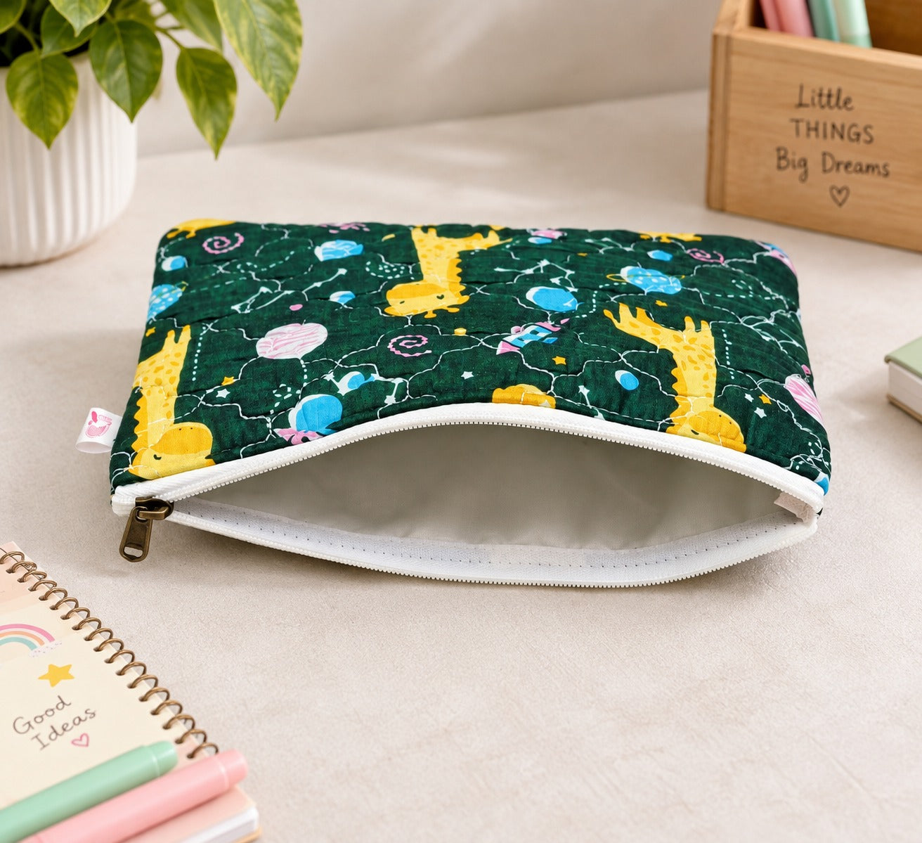 Handblock Printed Cotton Kids’ Flat Pouch with Zip Closure