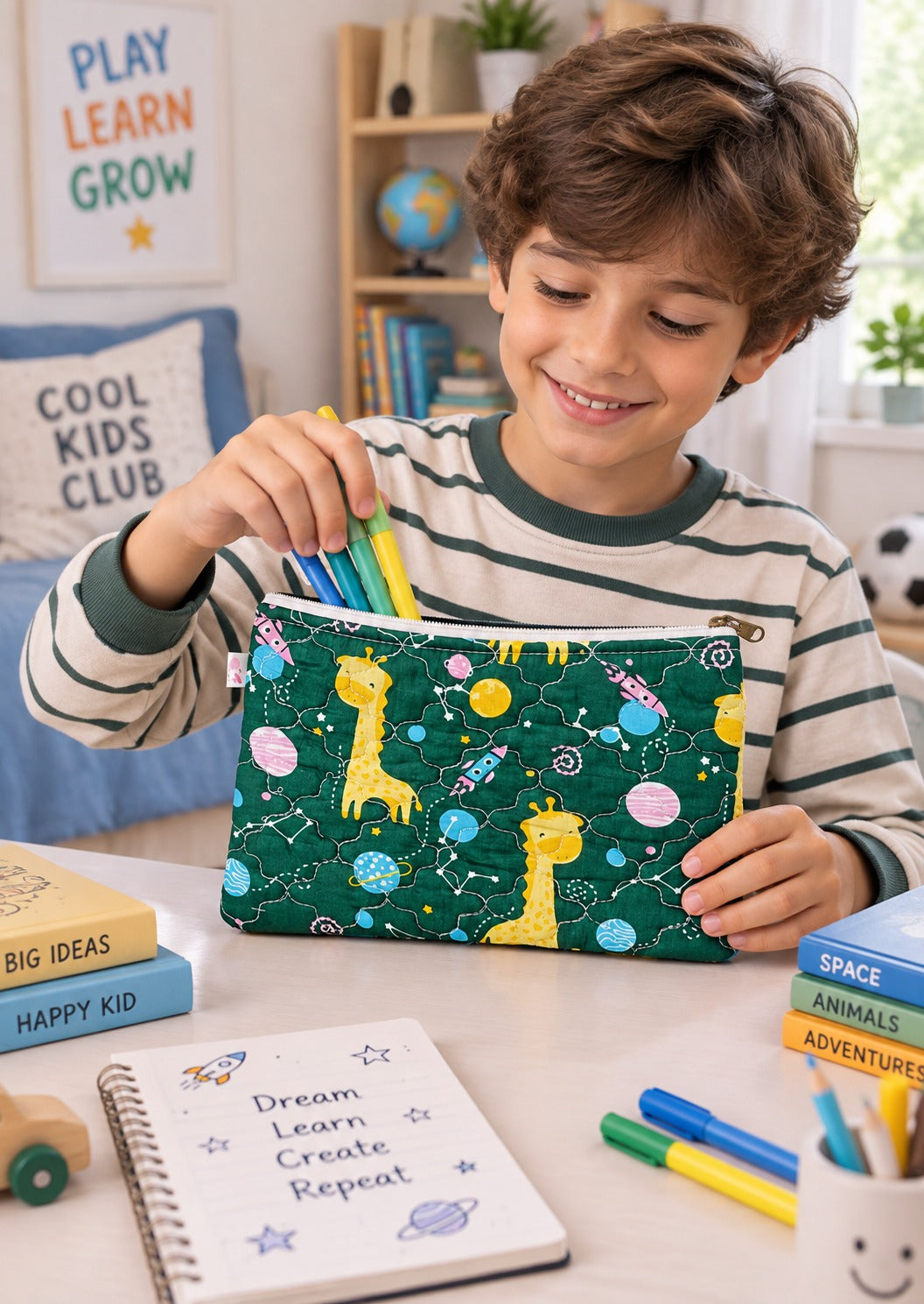 Handblock Printed Cotton Kids’ Flat Pouch with Zip Closure