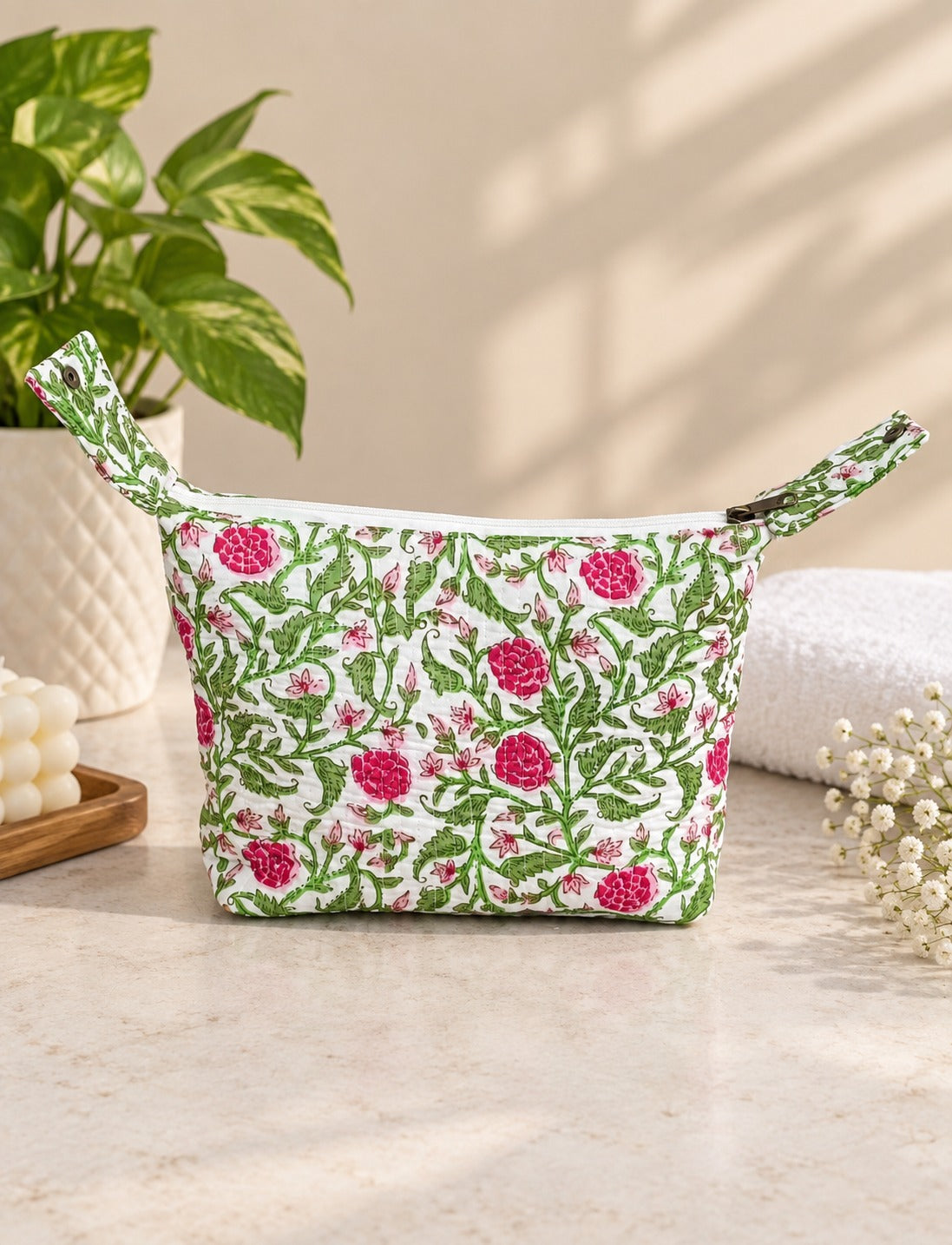 Quilted Block Printed Hobo Pouch with Zip closure and Snap Button