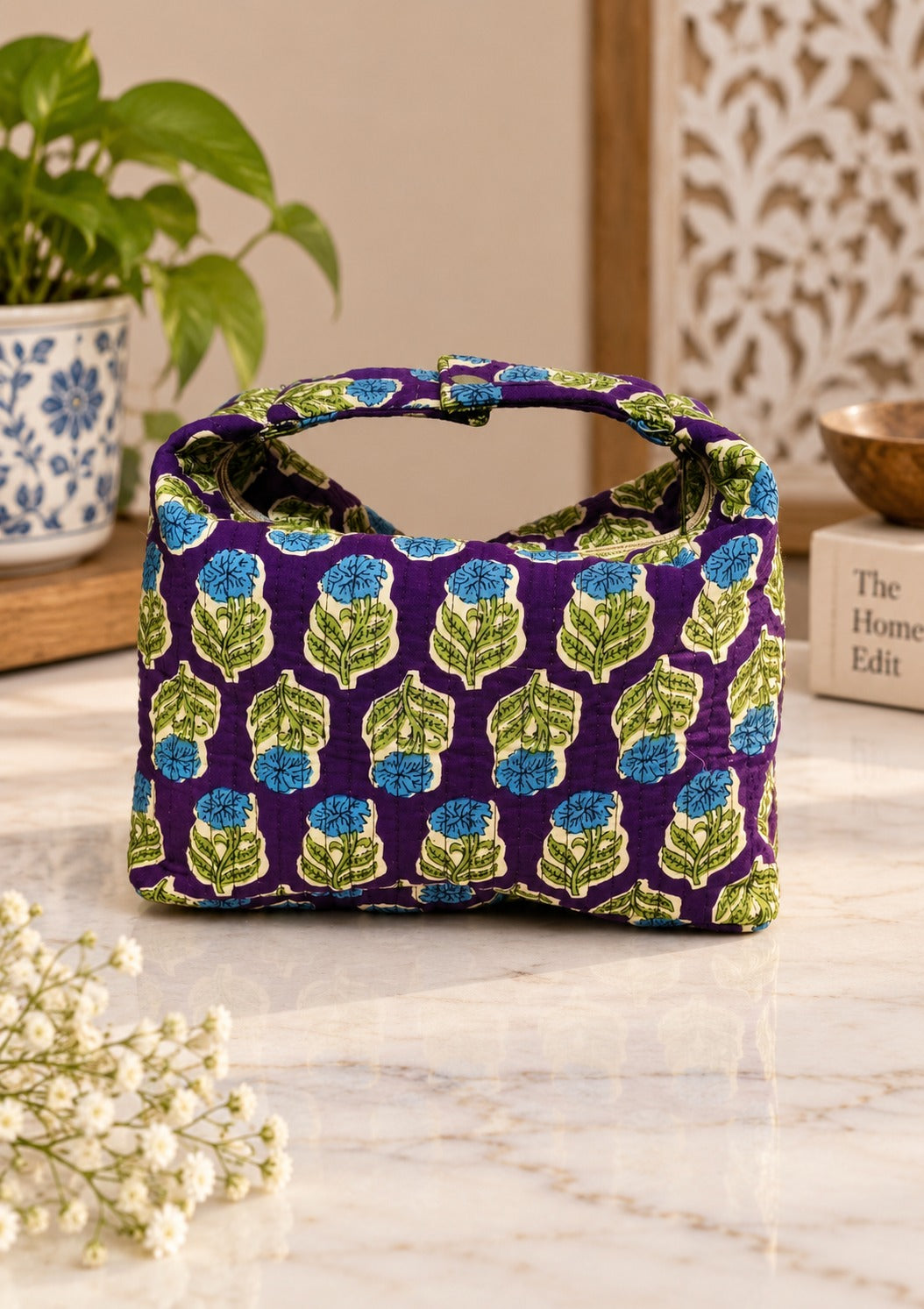Quilted Block Printed Hobo Pouch with Zip closure and Snap Button