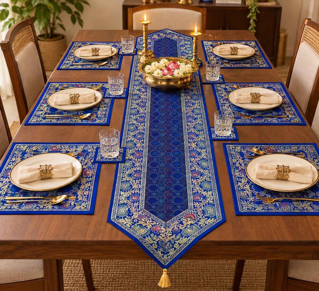 Gift Box with Banarasi Zari Table Runner, Set Of 6 Mats, 6 coaster